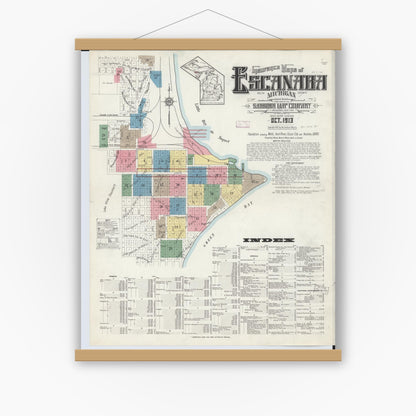 Old map wall art mockup — magnetic wood frame on white wall — Sanborn Fire Insurance Map from Escanaba, Delta County, Michigan (1913), Sheet #0001