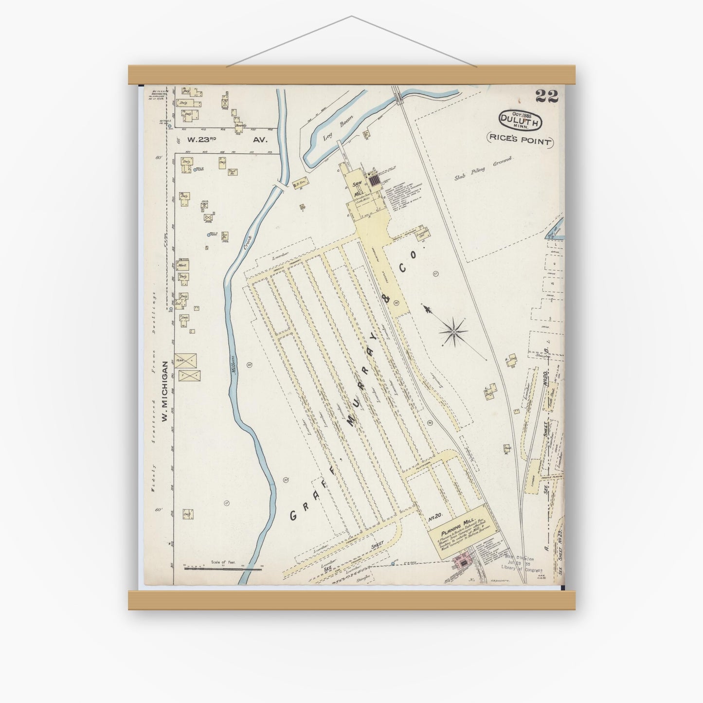 Old map wall art mockup — magnetic wood frame on white wall — Sanborn Fire Insurance Map from Duluth, Saint Louis County, Minnesota (1885), Sheet #0022
