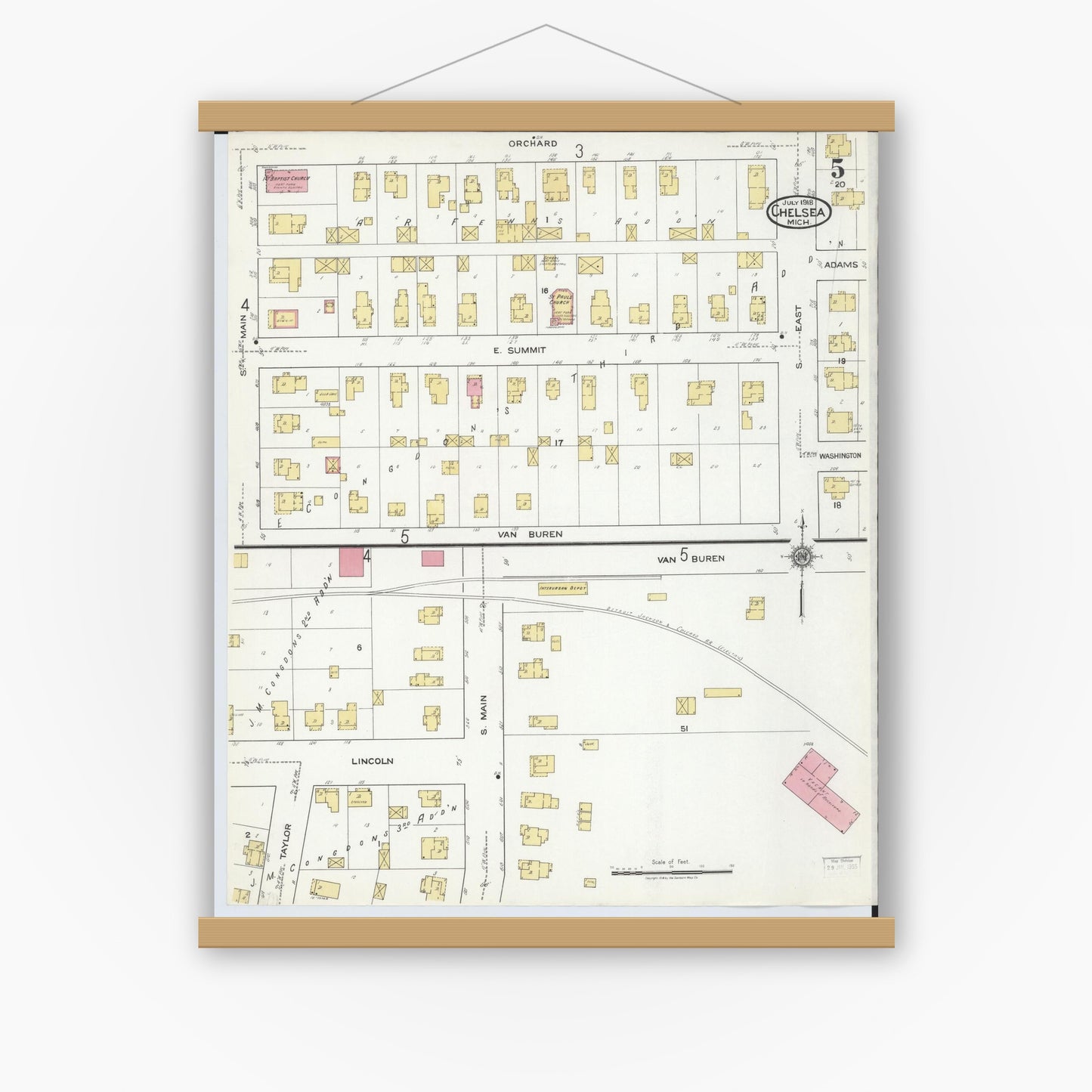 Old map wall art mockup — magnetic wood frame on white wall — Sanborn Fire Insurance Map from Chelsea, Washtenaw County, Michigan (1918), Sheet #0005