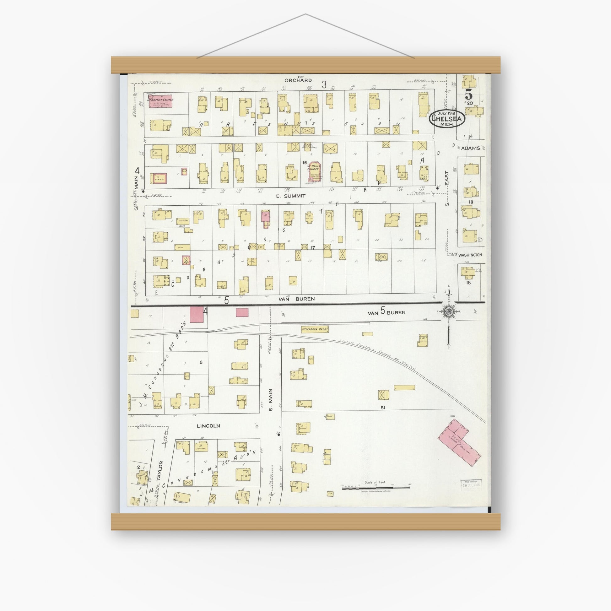 Old map wall art mockup — magnetic wood frame on white wall — Sanborn Fire Insurance Map from Chelsea, Washtenaw County, Michigan (1918), Sheet #0005