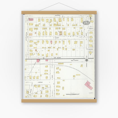 Old map wall art mockup — magnetic wood frame on white wall — Sanborn Fire Insurance Map from Chelsea, Washtenaw County, Michigan (1918), Sheet #0005