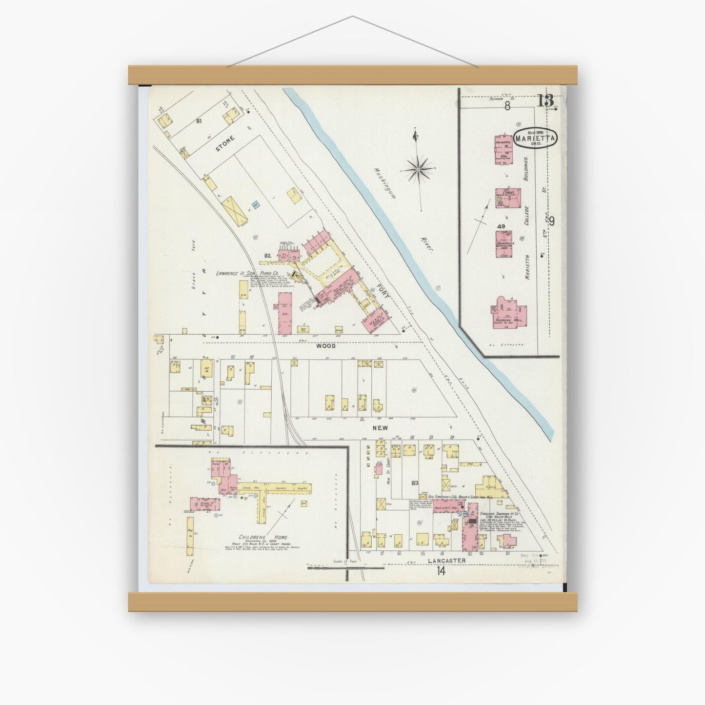 Old map wall art mockup — magnetic wood frame on white wall — Sanborn Fire Insurance Map from Marietta, Washington County, Ohio (1896), Sheet #0013