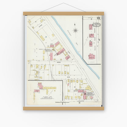 Old map wall art mockup — magnetic wood frame on white wall — Sanborn Fire Insurance Map from Marietta, Washington County, Ohio (1896), Sheet #0013