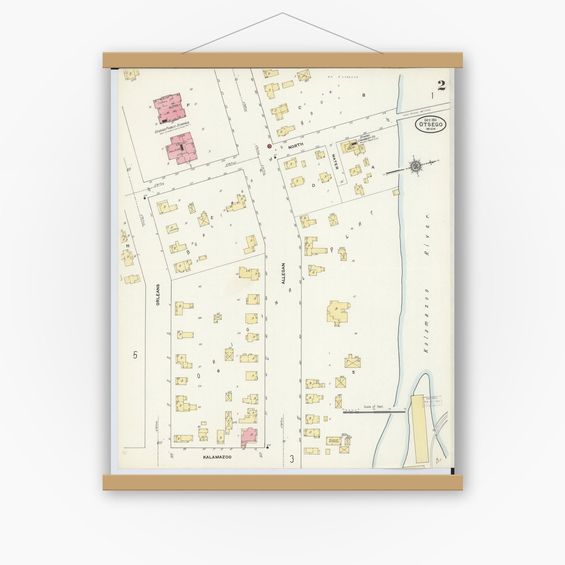 Old map wall art mockup — magnetic wood frame on white wall — Sanborn Fire Insurance Map from Otsego, Allegan County, Michigan (1911), Sheet #0002