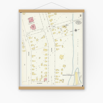 Old map wall art mockup — magnetic wood frame on white wall — Sanborn Fire Insurance Map from Otsego, Allegan County, Michigan (1911), Sheet #0002