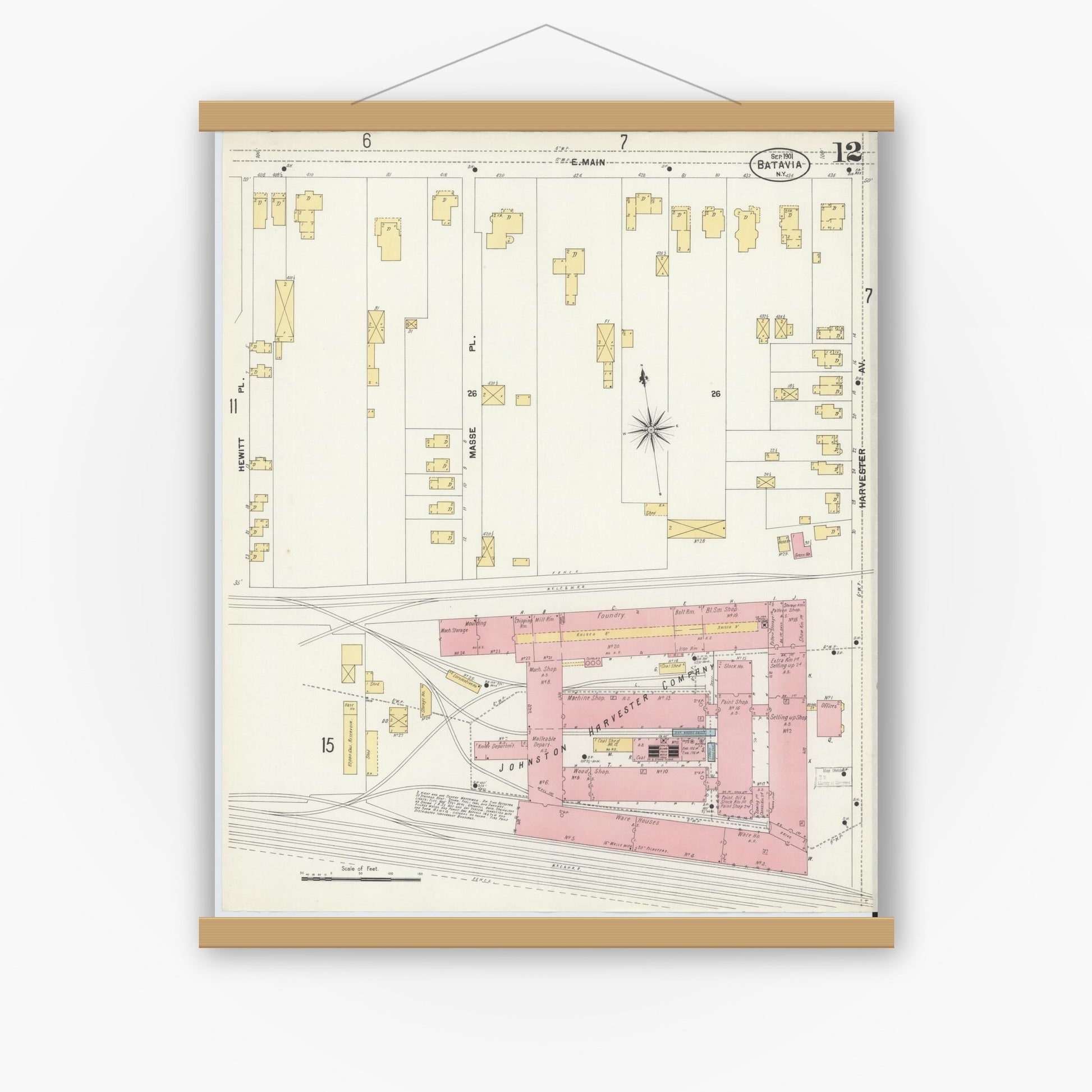 Old map wall art mockup — magnetic wood frame on white wall — Sanborn Fire Insurance Map from Batavia, Genesee County, New York (1901), Sheet #0012