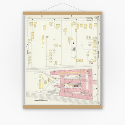 Old map wall art mockup — magnetic wood frame on white wall — Sanborn Fire Insurance Map from Batavia, Genesee County, New York (1901), Sheet #0012