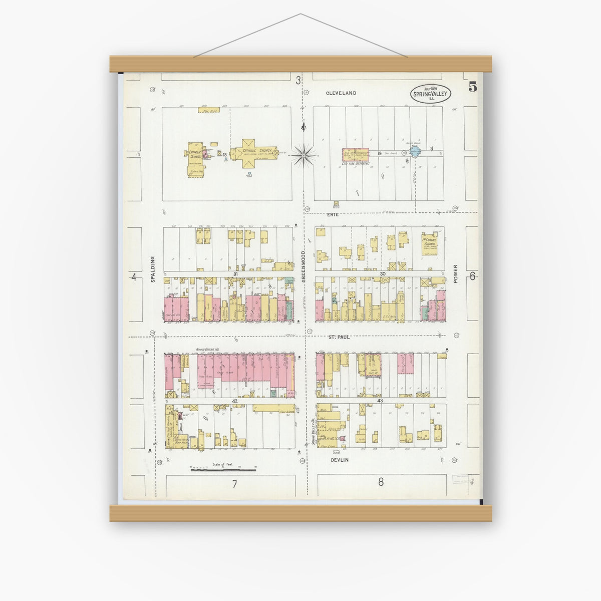 Old map wall art mockup — magnetic wood frame on white wall — Sanborn Fire Insurance Map from Spring Valley, Bureau County, Illinois (1899), Sheet #0005