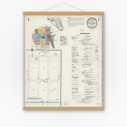 Old map wall art mockup — magnetic wood frame on white wall — Sanborn Fire Insurance Map from Fort Pierce, St Lucie County, Florida (1924), Sheet #0001