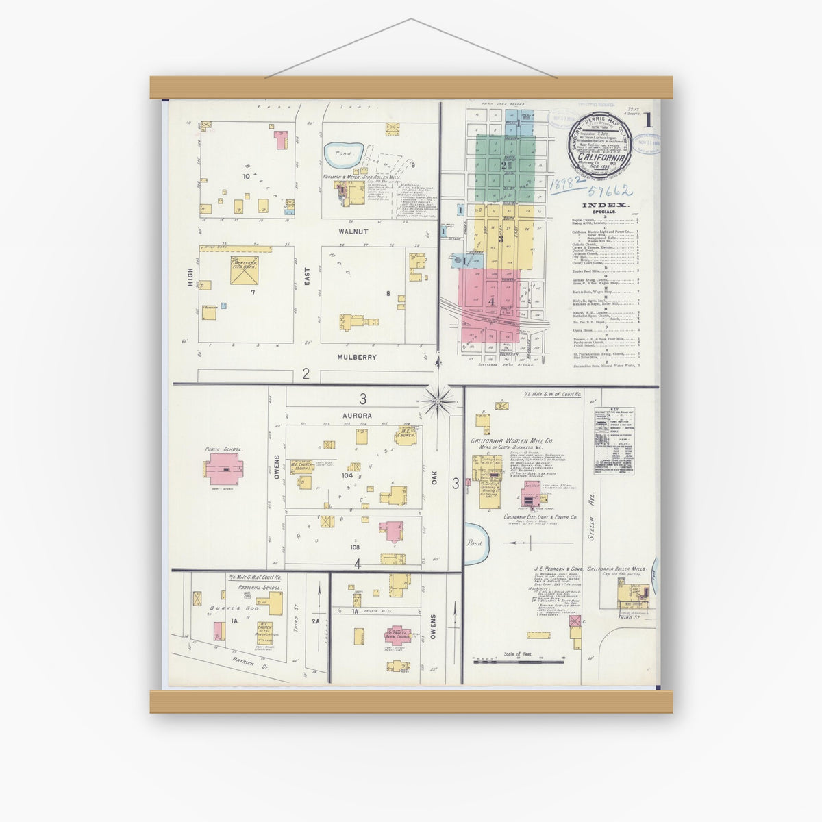 Old map wall art mockup — magnetic wood frame on white wall — Sanborn Fire Insurance Map from California, Moniteau County, Missouri (1898) - Complete Map Set