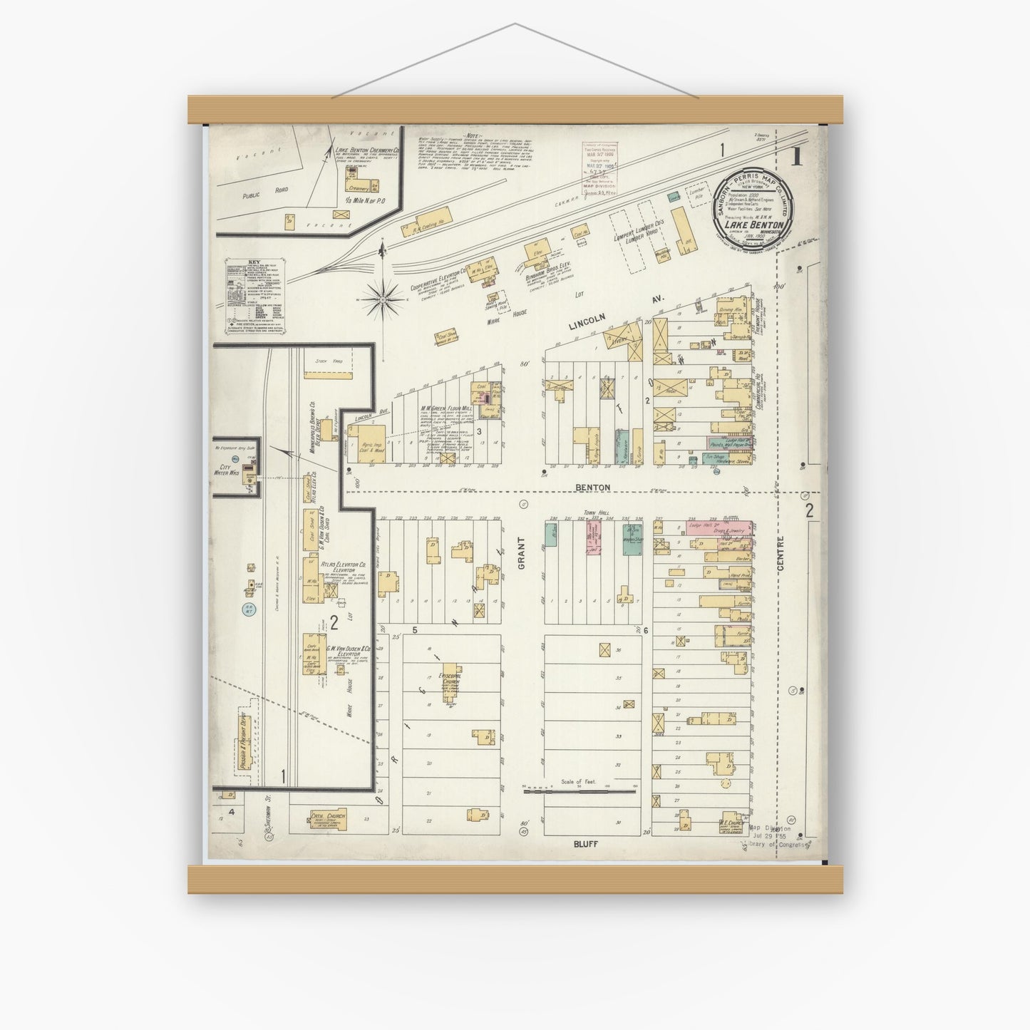 Old map wall art mockup — magnetic wood frame on white wall — Sanborn Fire Insurance Map from Lake Benton, Lincoln County, Minnesota (1900) - Complete Map Set