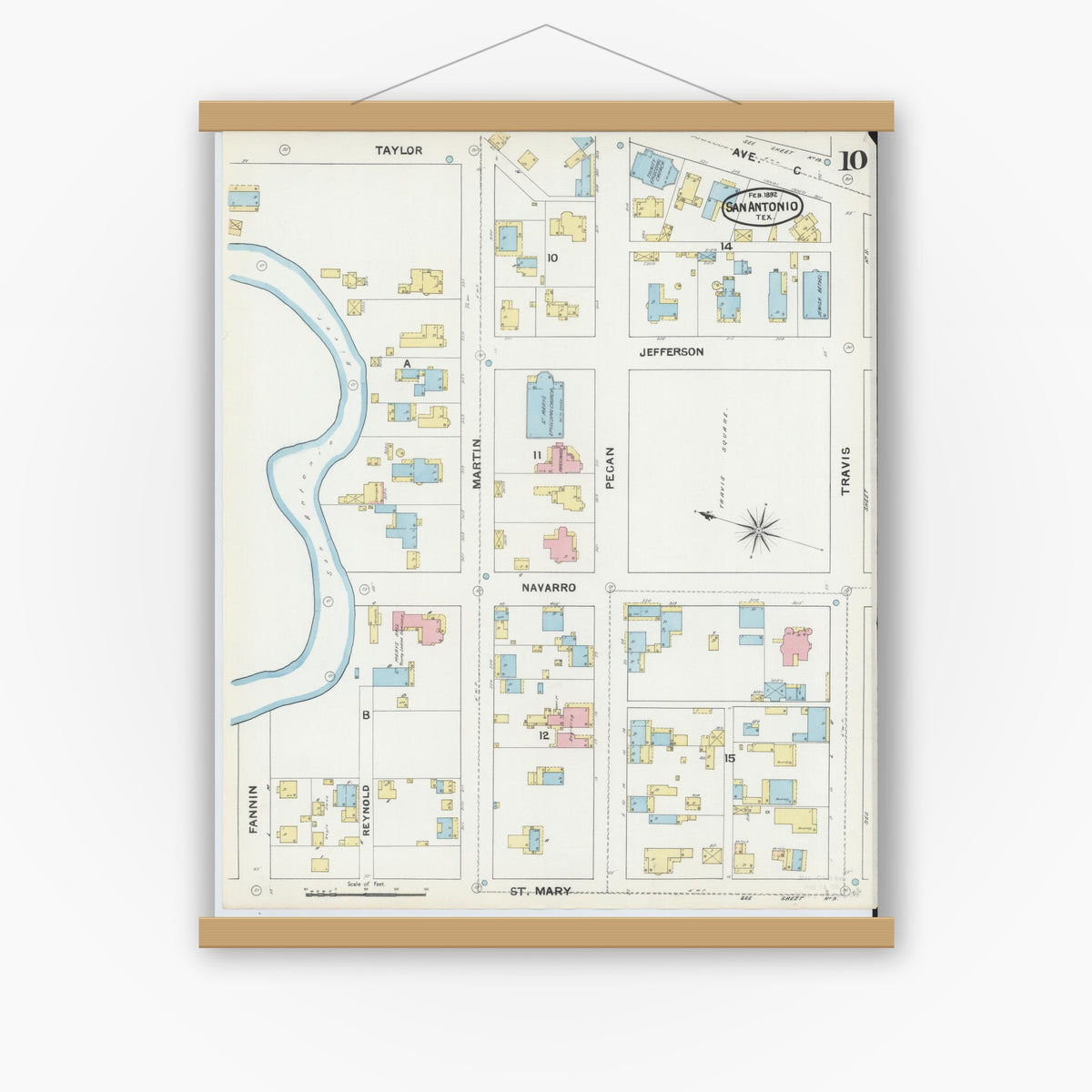 Old map wall art mockup — magnetic wood frame on white wall — Sanborn Fire Insurance Map from San Antonio, Bexar County, Texas (1892), Sheet #0010