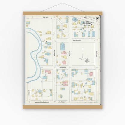 Old map wall art mockup — magnetic wood frame on white wall — Sanborn Fire Insurance Map from San Antonio, Bexar County, Texas (1892), Sheet #0010