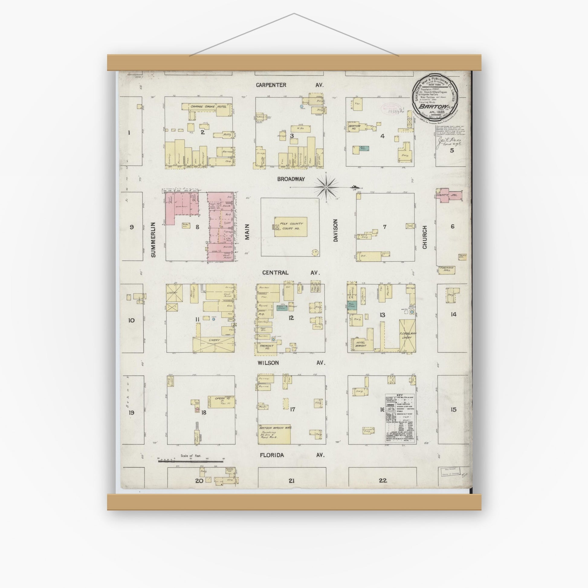 Old map wall art mockup — magnetic wood frame on white wall — Sanborn Fire Insurance Map from Bartow, Polk County, Florida (1889), Sheet #0001