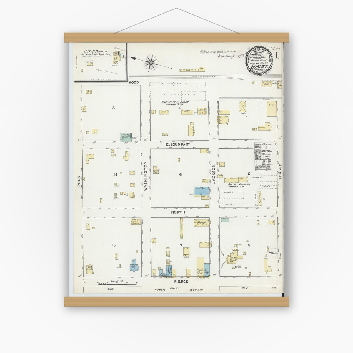 Old map wall art mockup — magnetic wood frame on white wall — Sanborn Fire Insurance Map from Burnet, Burnet County, Texas (1891), Sheet #0001