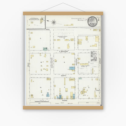 Old map wall art mockup — magnetic wood frame on white wall — Sanborn Fire Insurance Map from Burnet, Burnet County, Texas (1891), Sheet #0001