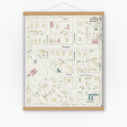 Old map wall art mockup — magnetic wood frame on white wall — Sanborn Fire Insurance Map from Lincoln, Logan County, Illinois (1891), Sheet #0005