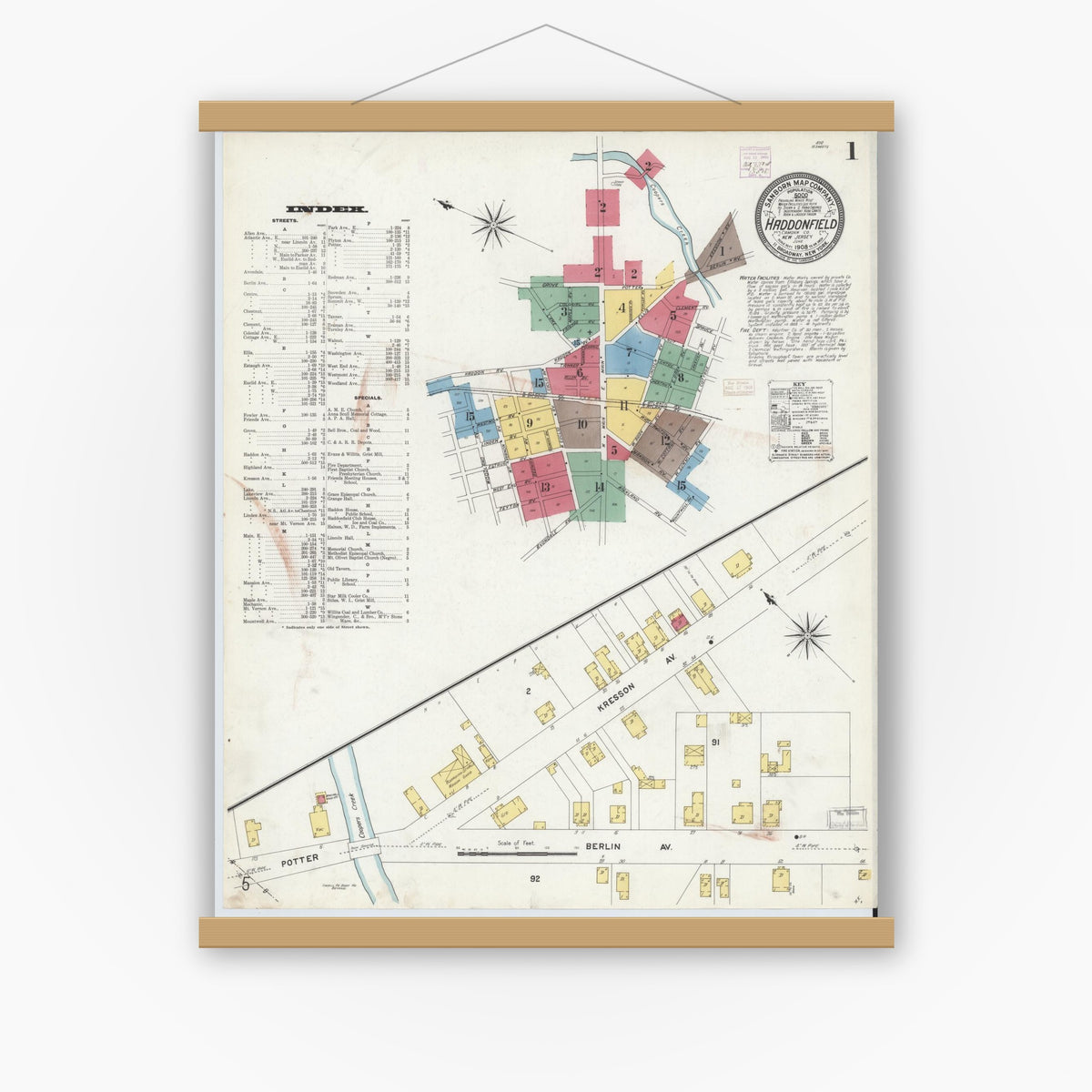 Old map wall art mockup — magnetic wood frame on white wall — Sanborn Fire Insurance Map from Haddonfield, Camden County, New Jersey (1908) - Complete Map Set