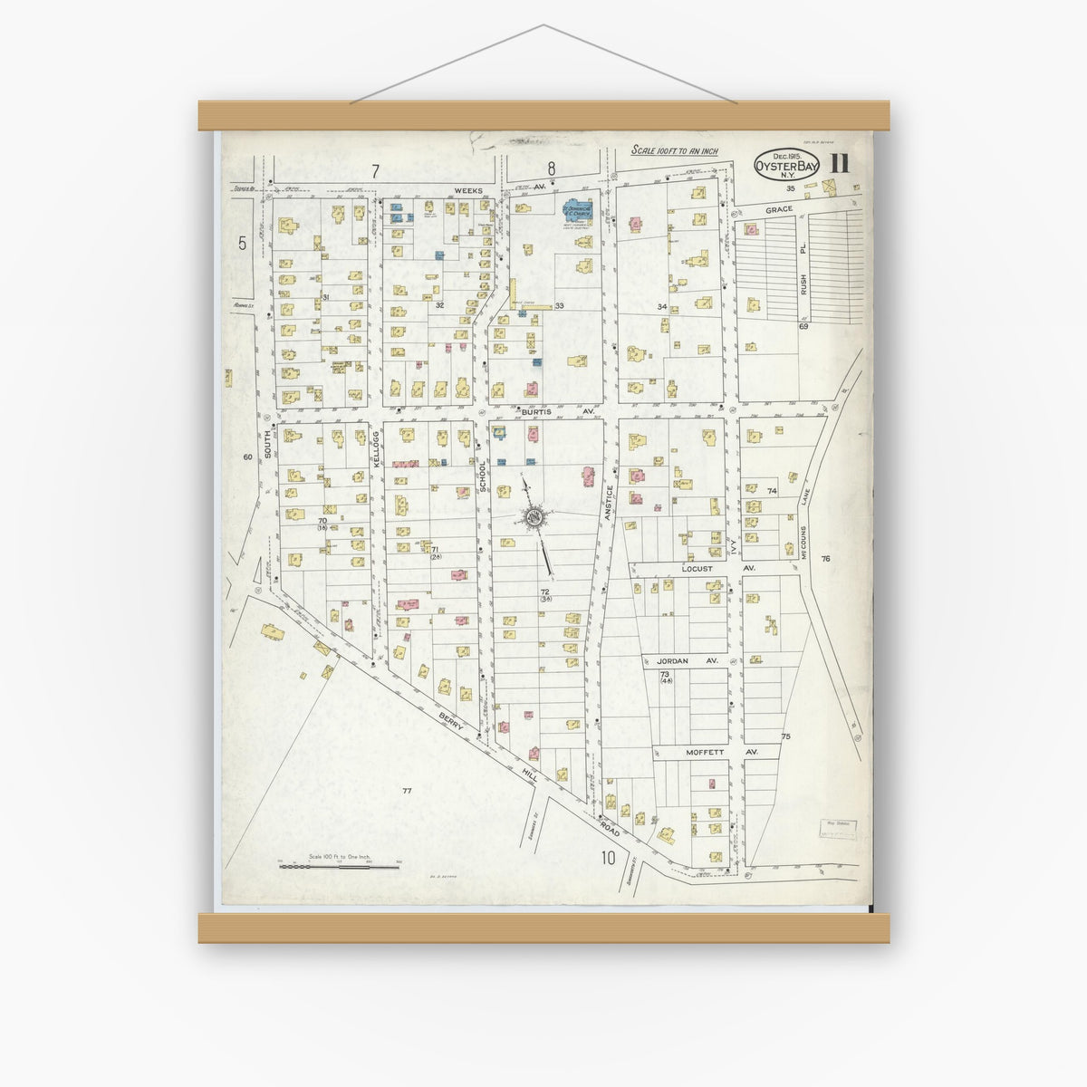 Old map wall art mockup — magnetic wood frame on white wall — Sanborn Fire Insurance Map from Oyster Bay, Nassau County, New York (1915), Sheet #0011