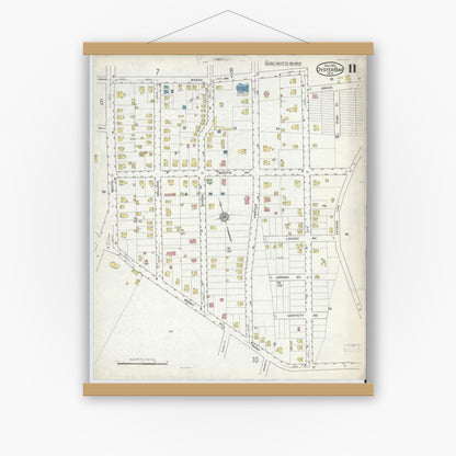 Old map wall art mockup — magnetic wood frame on white wall — Sanborn Fire Insurance Map from Oyster Bay, Nassau County, New York (1915), Sheet #0011