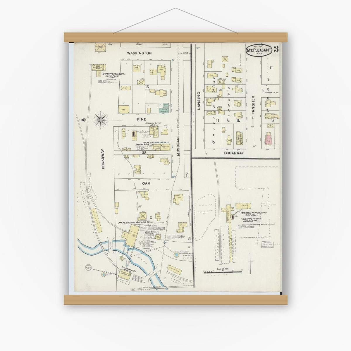 Old map wall art mockup — magnetic wood frame on white wall — Sanborn Fire Insurance Map from Mount Pleasant, Isabella County, Michigan (1890), Sheet #0003