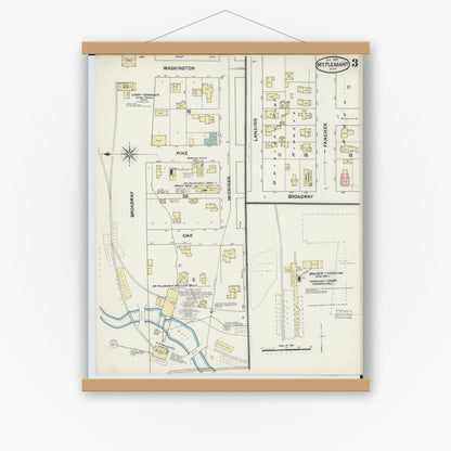 Old map wall art mockup — magnetic wood frame on white wall — Sanborn Fire Insurance Map from Mount Pleasant, Isabella County, Michigan (1890), Sheet #0003