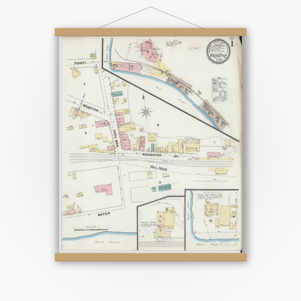 Old map wall art mockup — magnetic wood frame on white wall — Sanborn Fire Insurance Map from Rochester, Beaver County, Pennsylvania (1892), Sheet #0001