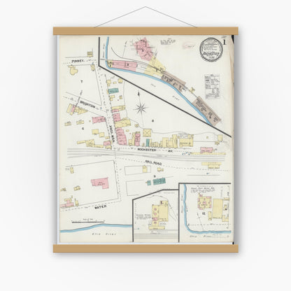 Old map wall art mockup — magnetic wood frame on white wall — Sanborn Fire Insurance Map from Rochester, Beaver County, Pennsylvania (1892), Sheet #0001
