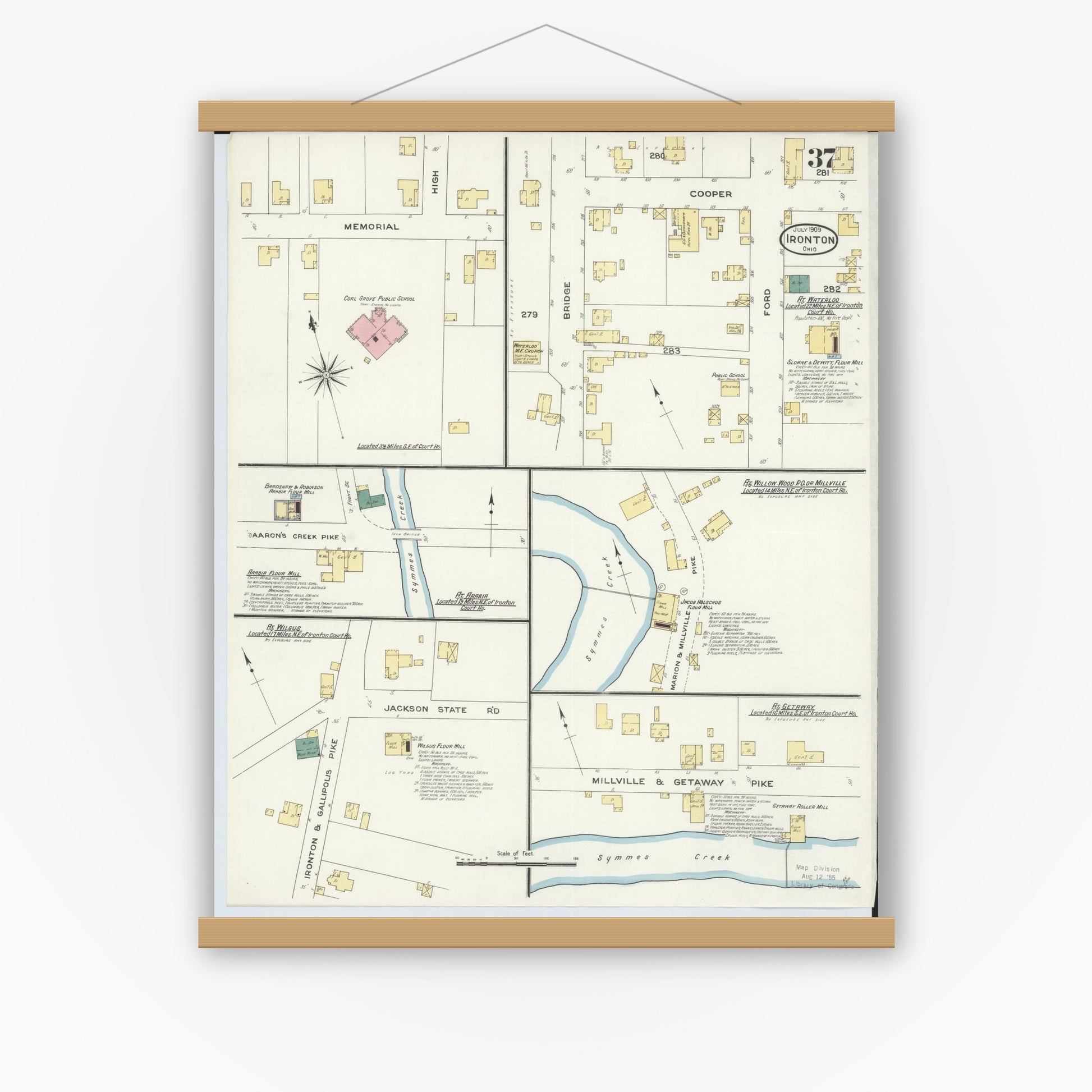 Old map wall art mockup — magnetic wood frame on white wall — Sanborn Fire Insurance Map from Ironton, Lawrence County, Ohio (1909), Sheet #0037