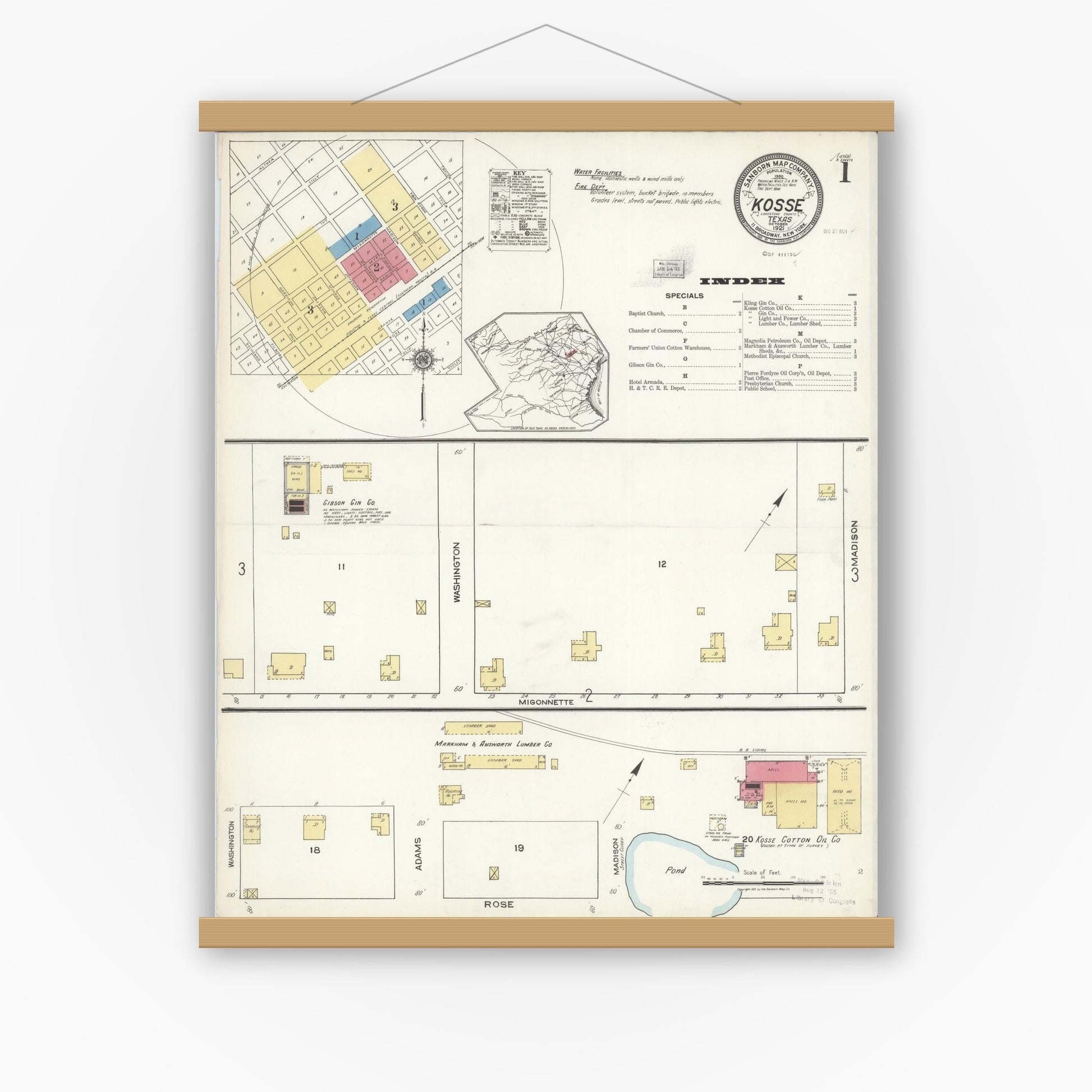 Old map wall art mockup — magnetic wood frame on white wall — Sanborn Fire Insurance Map from Kosse, Limestone County, Texas (1921), Sheet #0001