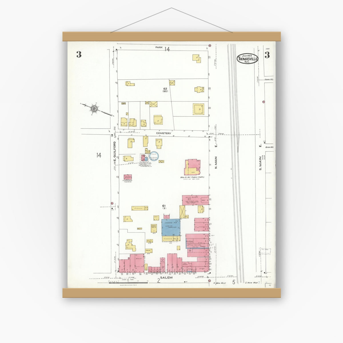 Old map wall art mockup — magnetic wood frame on white wall — Sanborn Fire Insurance Map from Thomasville, Davidson County, North Carolina (1923), Sheet #0003