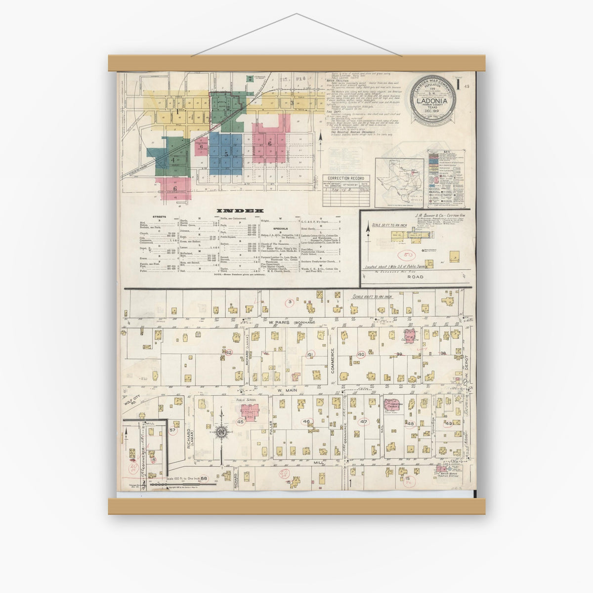 Old map wall art mockup — magnetic wood frame on white wall — Sanborn Fire Insurance Map from Ladonia, Fannin County, Texas (1934), Sheet #0001