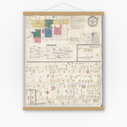 Old map wall art mockup — magnetic wood frame on white wall — Sanborn Fire Insurance Map from Ladonia, Fannin County, Texas (1934), Sheet #0001