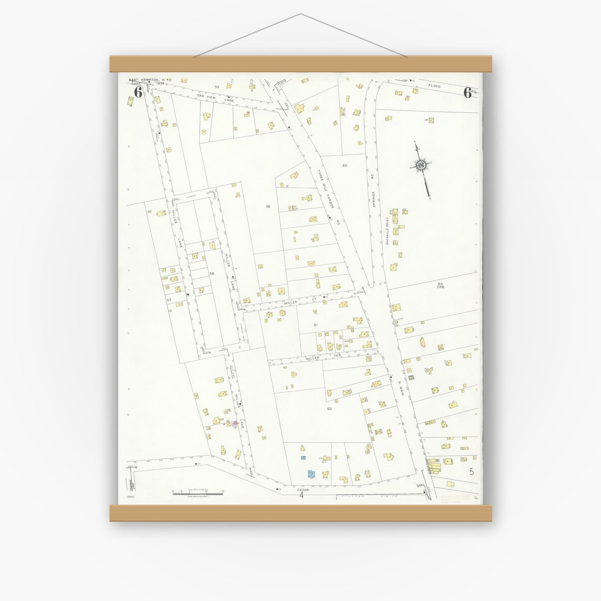 Old map wall art mockup — magnetic wood frame on white wall — Sanborn Fire Insurance Map from Easthampton, Suffolk County, New York (1936), Sheet #0006