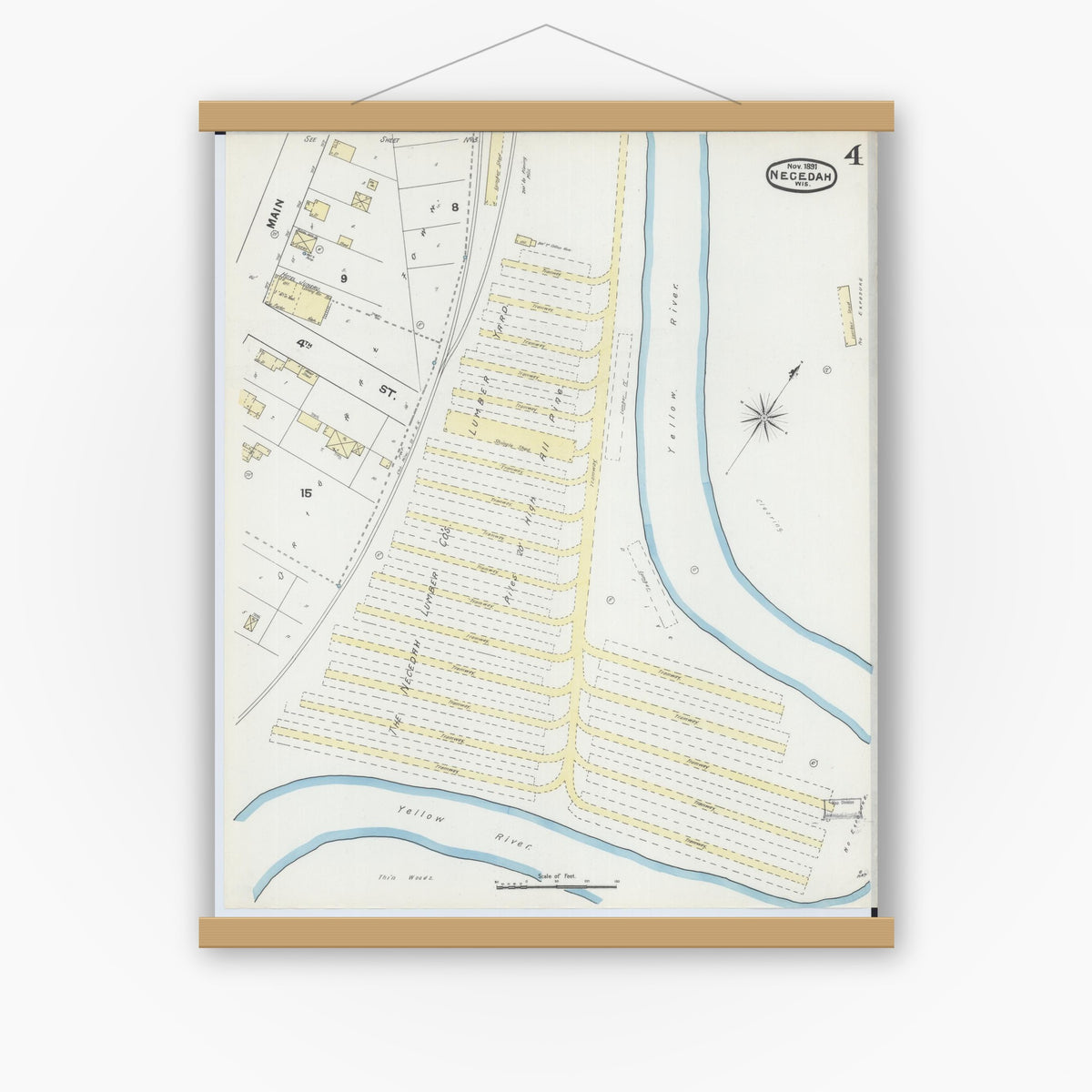 Old map wall art mockup — magnetic wood frame on white wall — Sanborn Fire Insurance Map from Necedah, Juneau County, Wisconsin (1891), Sheet #0004