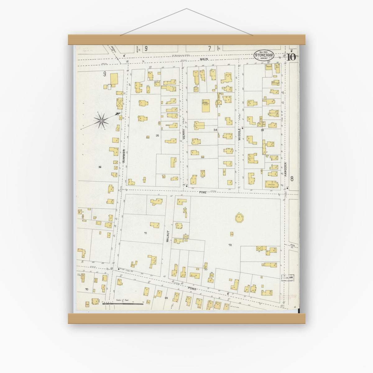 Old map wall art mockup — magnetic wood frame on white wall — Sanborn Fire Insurance Map from Stoneham, Middlesex County, Massachusetts (1903), Sheet #0010