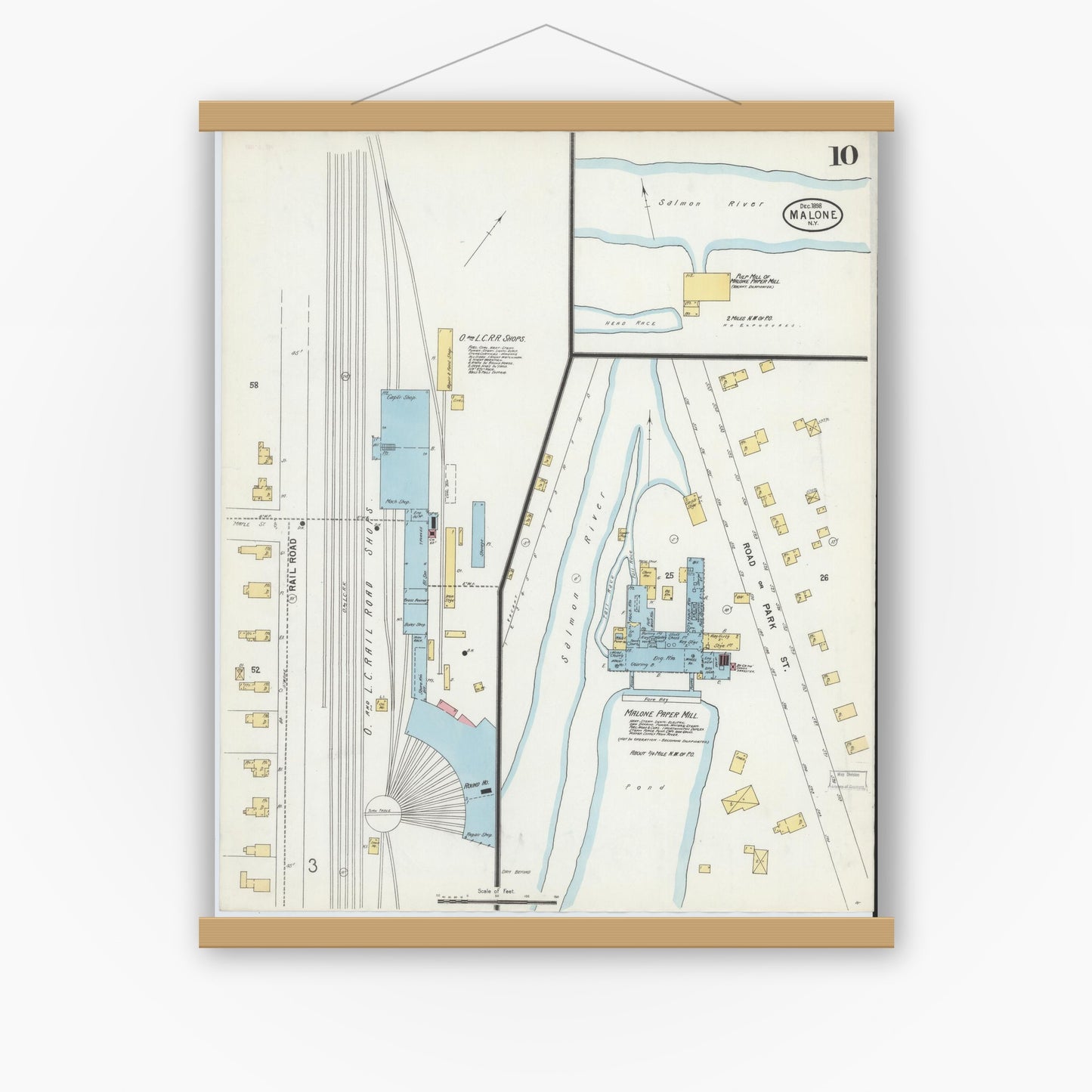 Old map wall art mockup — magnetic wood frame on white wall — Sanborn Fire Insurance Map from Malone, Franklin County, New York (1898), Sheet #0010