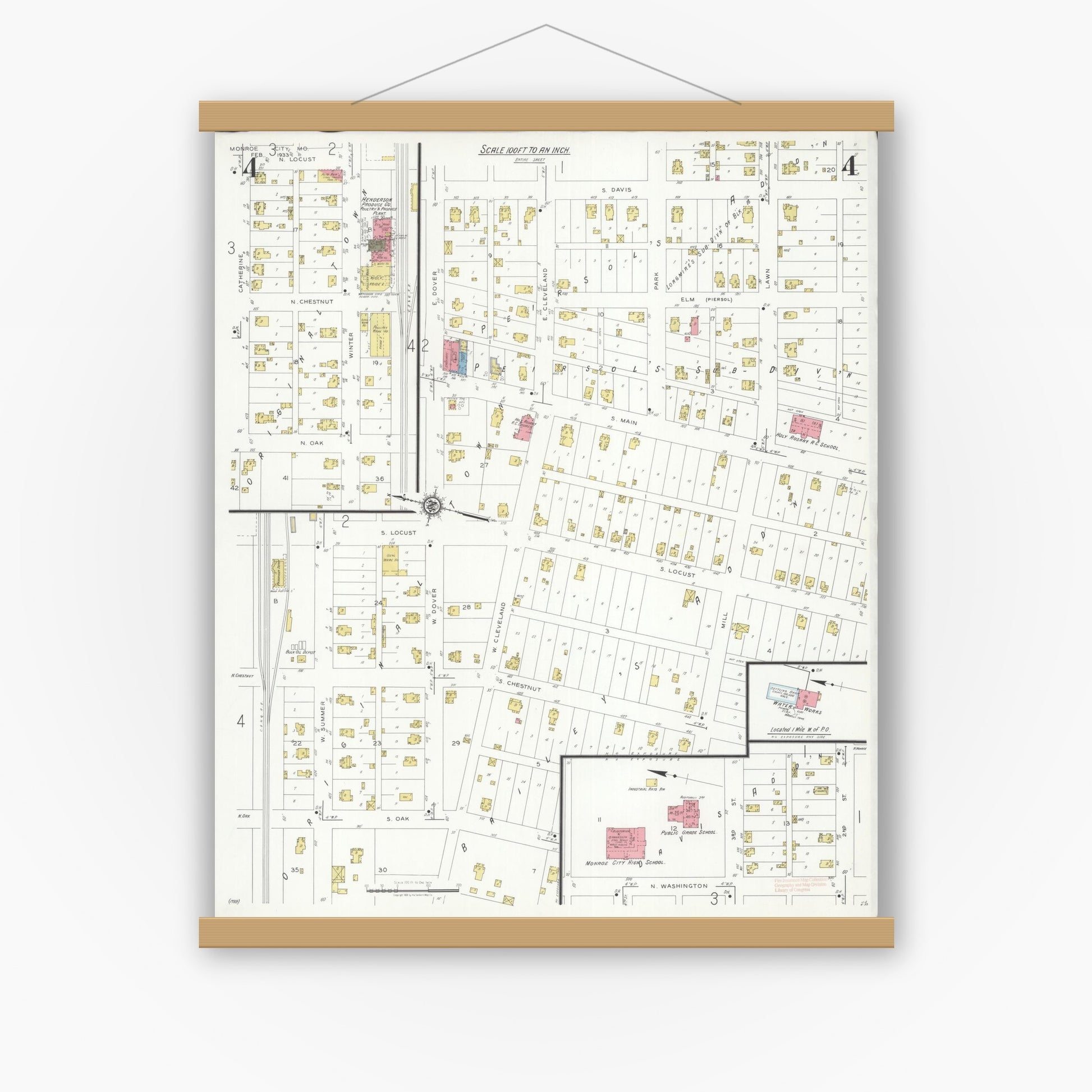 Old map wall art mockup — magnetic wood frame on white wall — Sanborn Fire Insurance Map from Monroe City, Monroe County, Missouri (1933), Sheet #0004