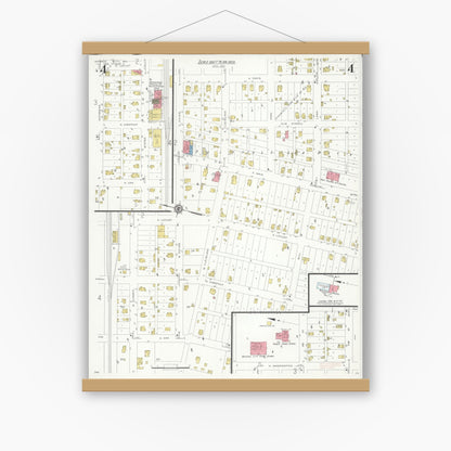 Old map wall art mockup — magnetic wood frame on white wall — Sanborn Fire Insurance Map from Monroe City, Monroe County, Missouri (1933), Sheet #0004