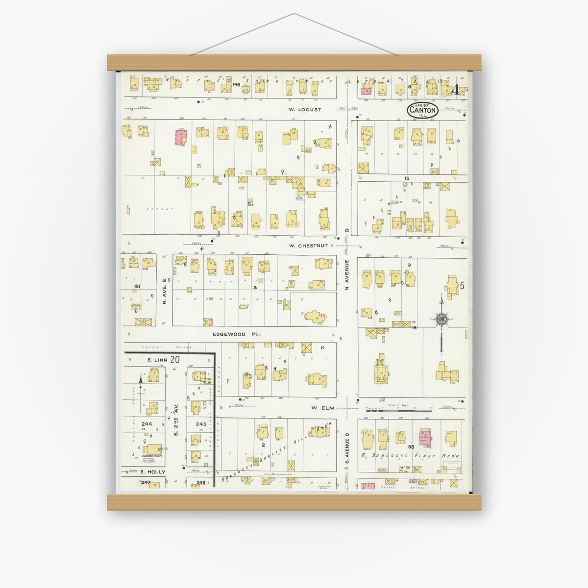 Old map wall art mockup — magnetic wood frame on white wall — Sanborn Fire Insurance Map from Canton, Fulton County, Illinois (1917), Sheet #0004