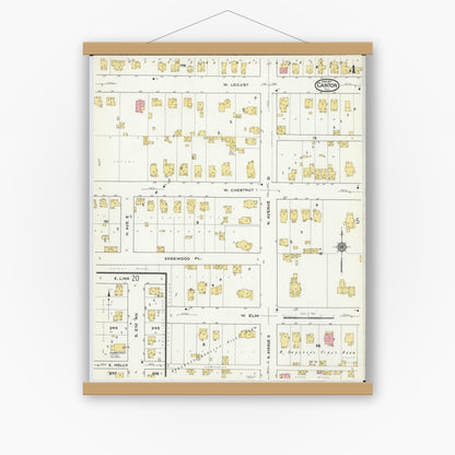 Old map wall art mockup — magnetic wood frame on white wall — Sanborn Fire Insurance Map from Canton, Fulton County, Illinois (1917), Sheet #0004