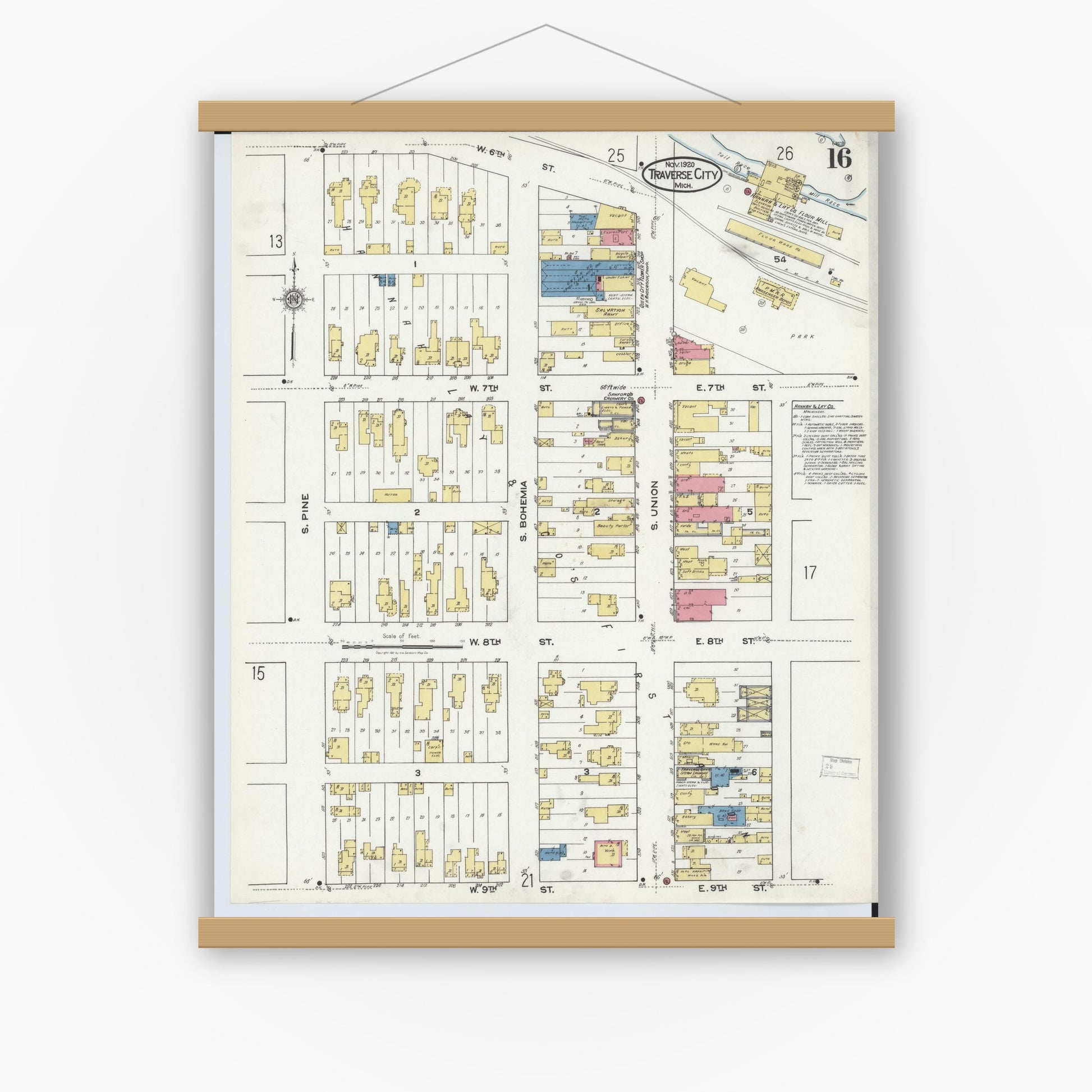 Old map wall art mockup — magnetic wood frame on white wall — Sanborn Fire Insurance Map from Traverse City, Grand Traverse County, Michigan (1920), Sheet #0016