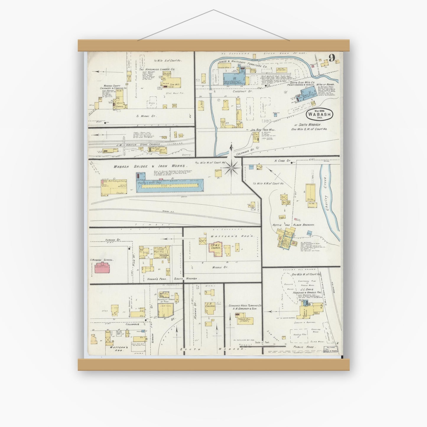Old map wall art mockup — magnetic wood frame on white wall — Sanborn Fire Insurance Map from Wabash, Wabash County, Indiana (1896), Sheet #0009