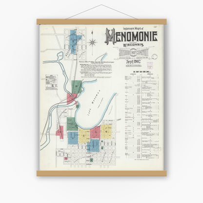 Old map wall art mockup — magnetic wood frame on white wall — Sanborn Fire Insurance Map from Menomonie, Dunn County, Wisconsin (1902) - Complete Map Set