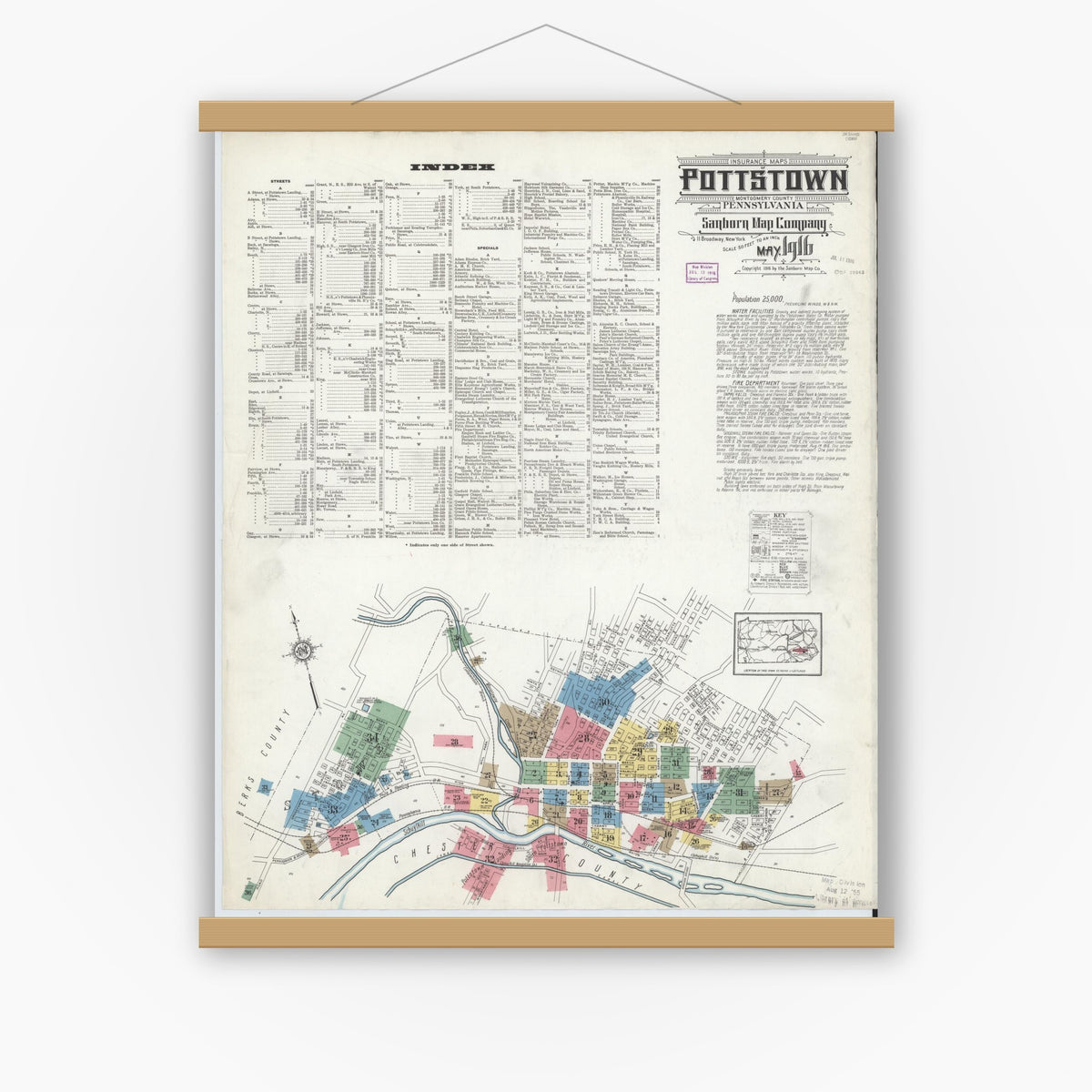 Old map wall art mockup — magnetic wood frame on white wall — Sanborn Fire Insurance Map from Pottstown, Montgomery County, Pennsylvania (1916) - Complete Map Set