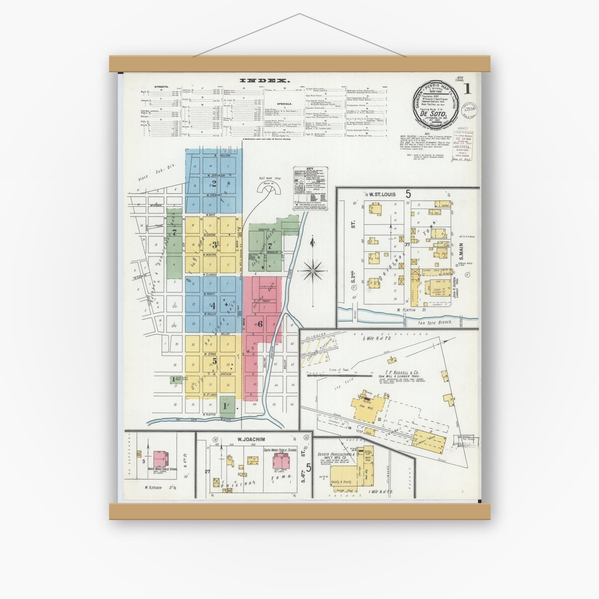 Old map wall art mockup — magnetic wood frame on white wall — Sanborn Fire Insurance Map from De Soto, Jefferson County, Missouri (1900) - Complete Map Set