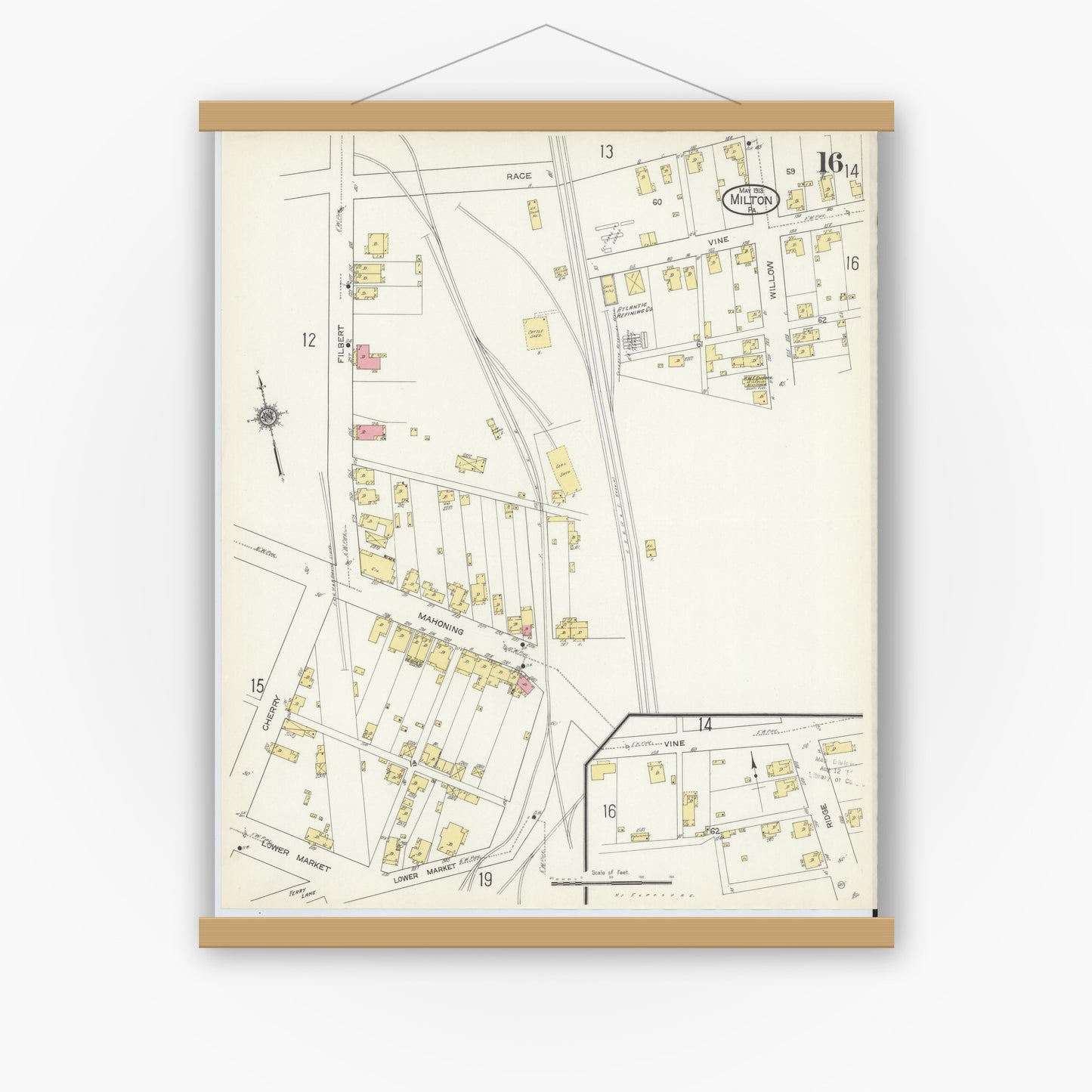 Old map wall art mockup — magnetic wood frame on white wall — Sanborn Fire Insurance Map from Milton, Northumberland County, Pennsylvania (1913), Sheet #0016