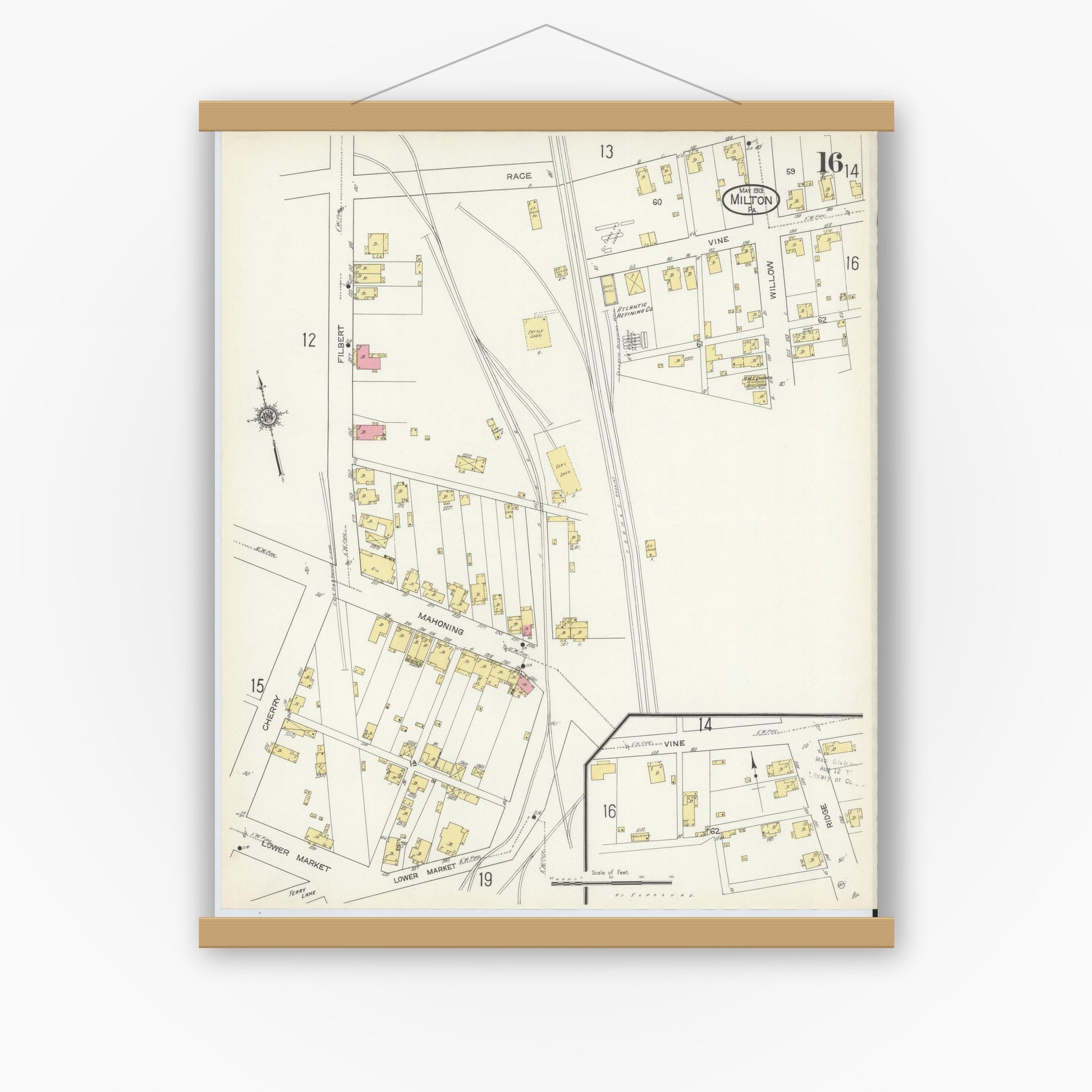 Old map wall art mockup — magnetic wood frame on white wall — Sanborn Fire Insurance Map from Milton, Northumberland County, Pennsylvania (1913), Sheet #0016
