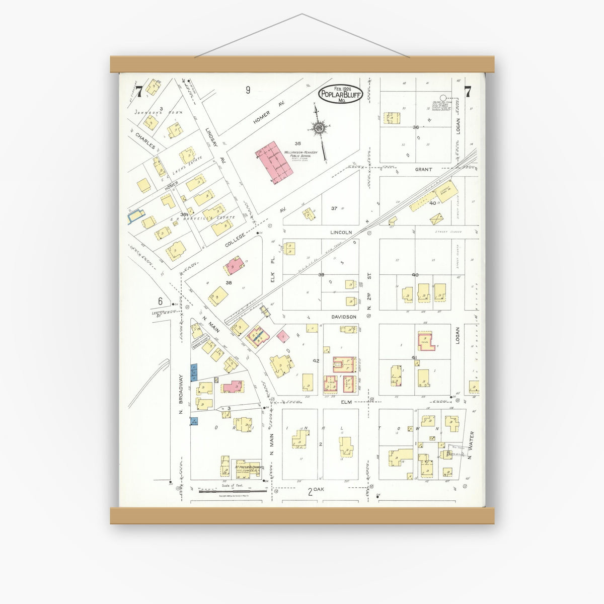 Old map wall art mockup — magnetic wood frame on white wall — Sanborn Fire Insurance Map from Poplar Bluff, Butler County, Missouri (1924), Sheet #0007