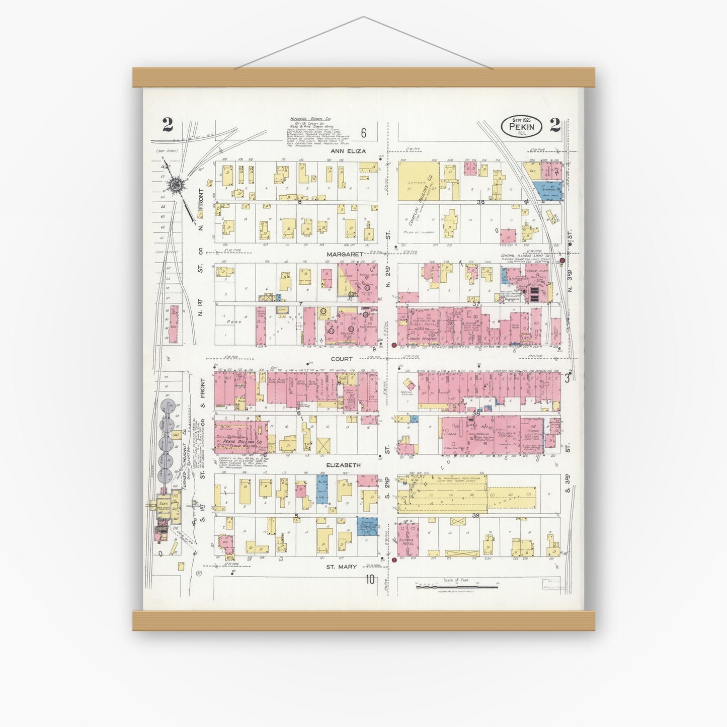 Old map wall art mockup — magnetic wood frame on white wall — Sanborn Fire Insurance Map from Pekin, Tazewell County, Illinois (1925), Sheet #0002